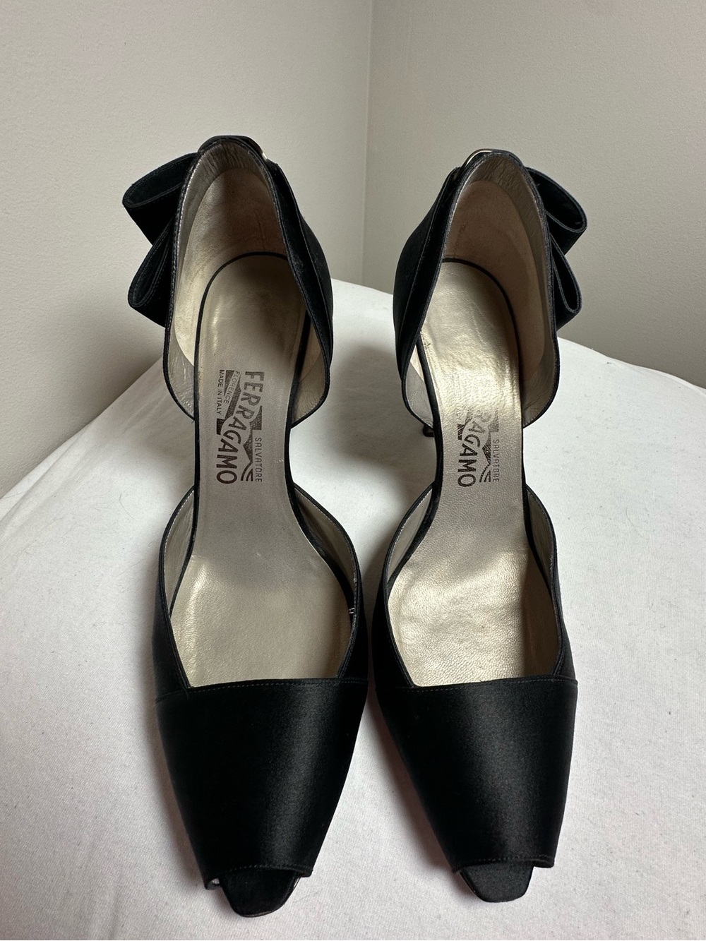 Ferragamo black satin peep toe black heels